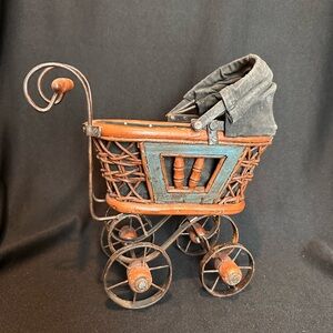 Vintage Antique Wicker Doll Carriage Stroller Pram with Black Fabric